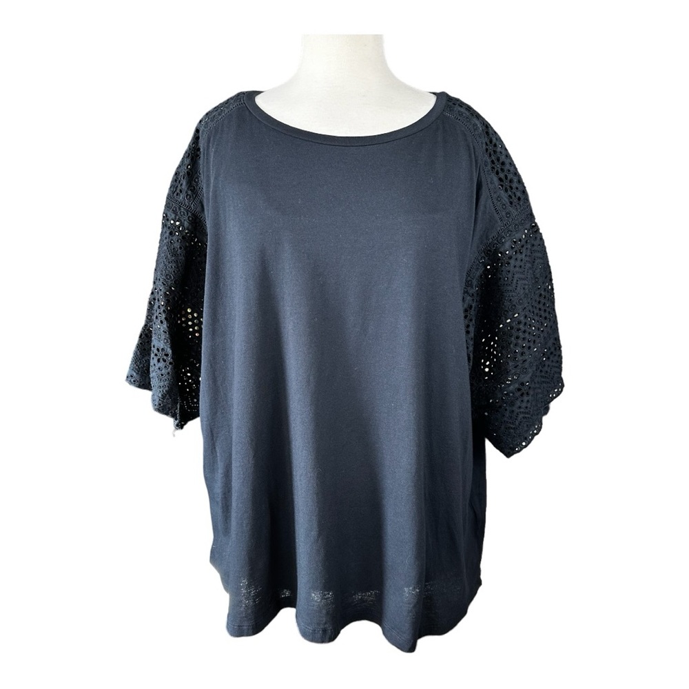 Lauren Ralph Laurent Black Eyelet Short Sleeve Top Size 2XL